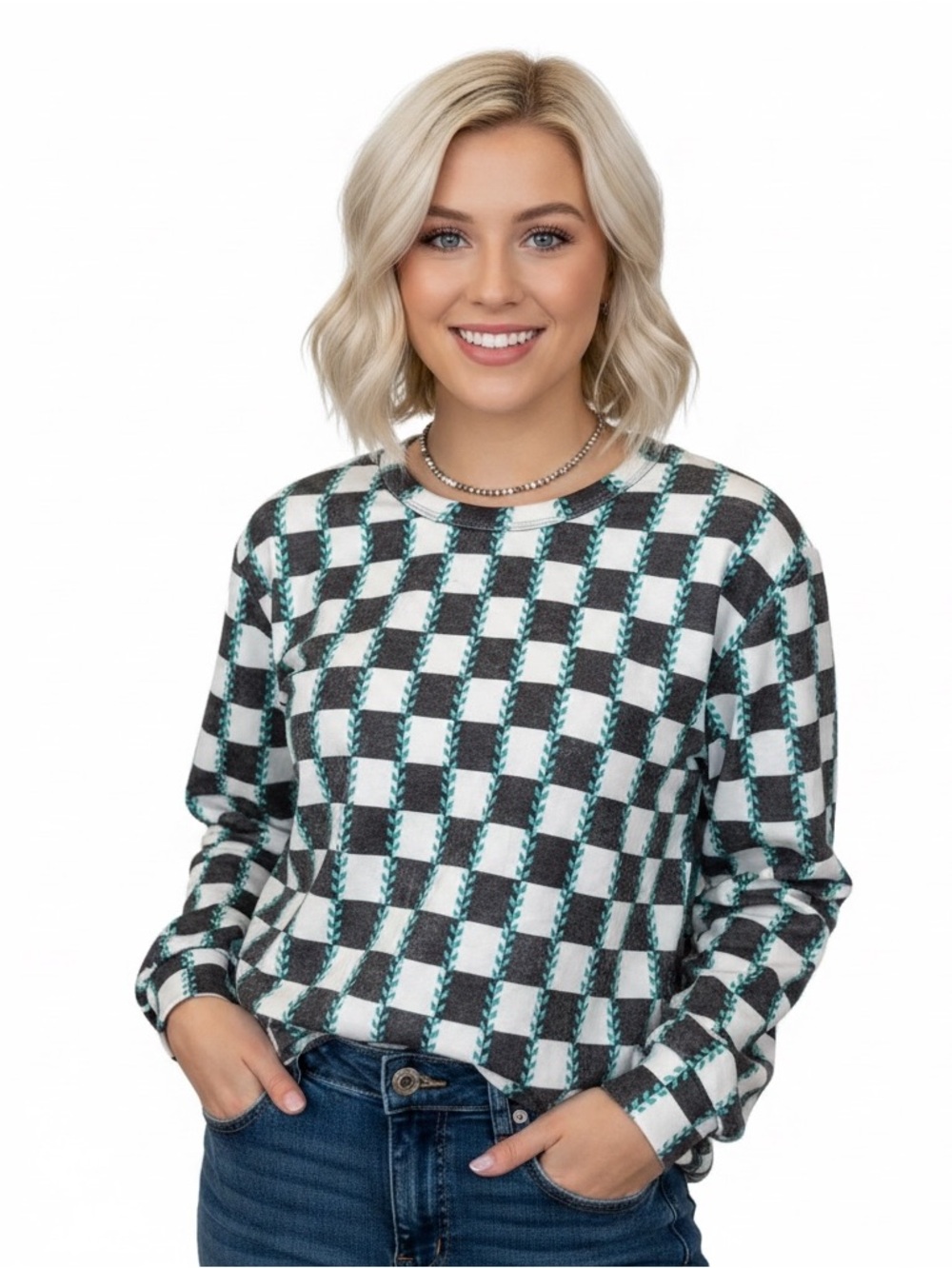 Sterling Kreek Checked in Turquoise relaxed fit lightweight top size Medium